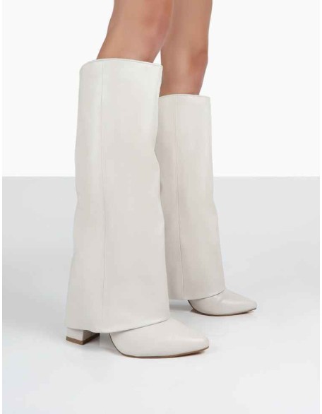 Zendaya Ecru Pointed Toe Knee High Boots