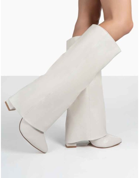 Zendaya Ecru Pointed Toe Knee High Boots