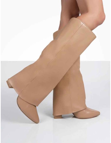 Zendaya Nude Pointed Toe Knee High Boots