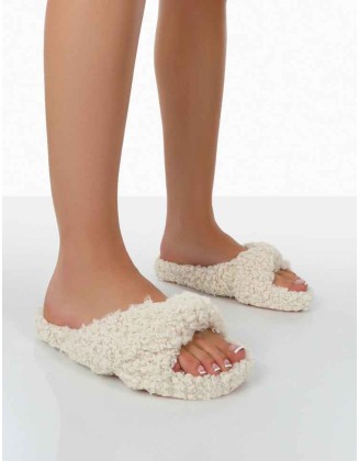 Slumber Beige Teddy Cross Over Strap Slippers