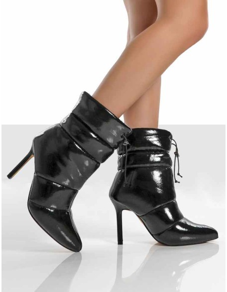 Reset Black Patent Puffer Drawstring Heeled Boots