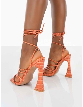 Corrbin Orange Croc Patent Pu Strappy Lace up Flared Heels