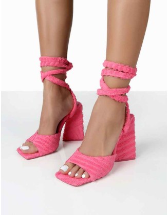 Mojito Pink Towelling Lace Up Pyramid Block Heels