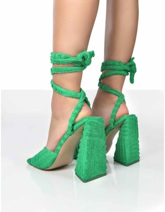 Mojito Green Towelling Lace Up Pyramid Block Heels