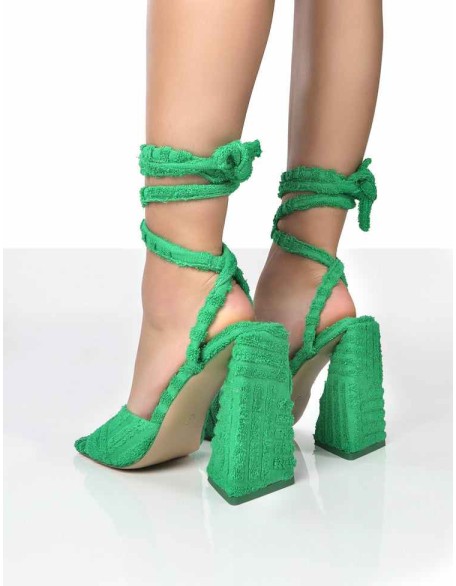 Mojito Green Towelling Lace Up Pyramid Block Heels