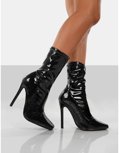 Lars Black Patent Wide Fit Sock High Heeled Ankle Boots