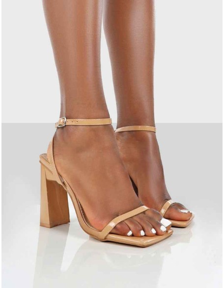 Charlotte Camel Patent Square Toe Strappy Block Heels