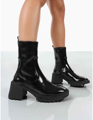 Sway Black PU Heeled Wellies Ankle Boots