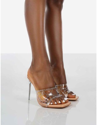 Progress Nude Patent Clear Perspex Strappy Square Toe Slip On Glittery Party Heels