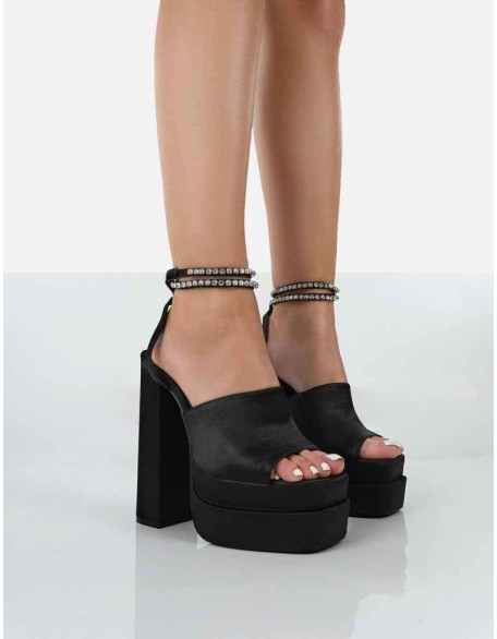 Lilibet Black Satin Diamante Lace Up Strappy Open Toe Statement Platform Block Heels