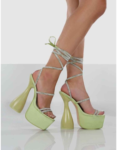 Shine Green Satin Diamante Lace Up Cylinder Platform Heels