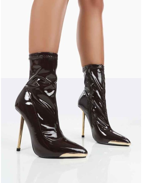 Player Choc Patent Stiletto Heel Ankle boots
