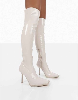 Jenine Ecru Patent Over The Knee Stiletto Heeled Boots