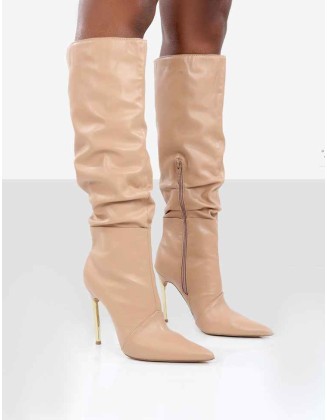 Monica Nude PU Pointed Toe Knee High Boots