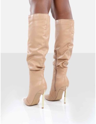 Monica Nude PU Pointed Toe Knee High Boots