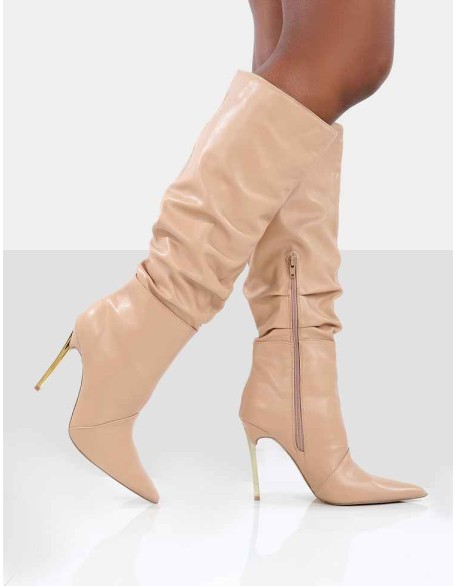 Monica Nude PU Pointed Toe Knee High Boots