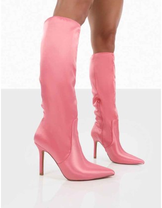 Best Believe Pink Satin Pointed Toe Heeled Knee High Boots