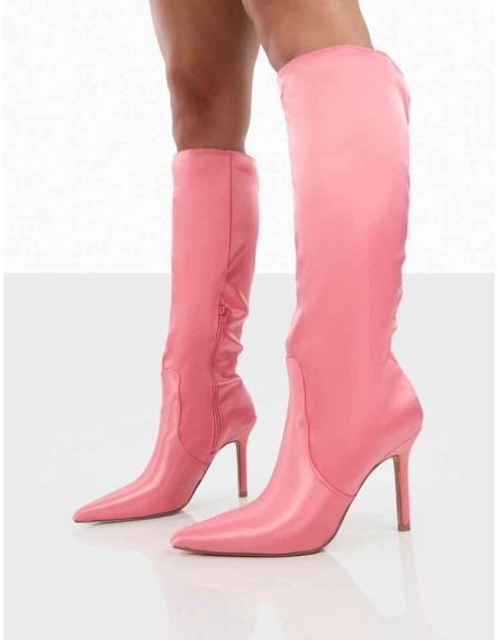 Best Believe Pink Satin Pointed Toe Heeled Knee High Boots