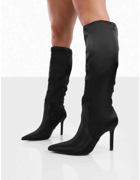 Best Believe Black Satin Pointed Toe Heeled Knee High Boots
