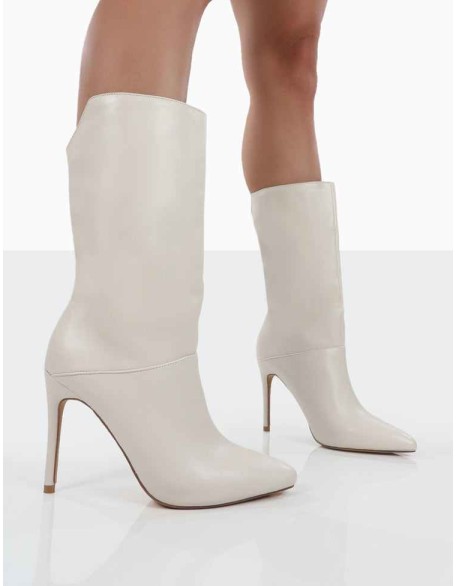 Lisel Ecru PU Pointed Toe Heeled Ankle Boots