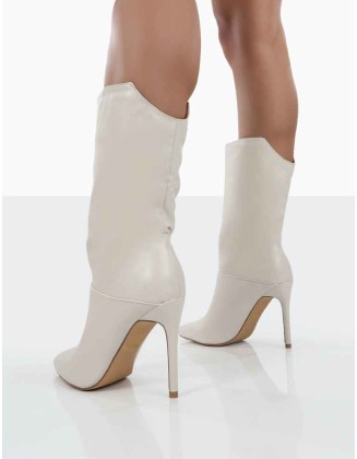 Lisel Ecru PU Pointed Toe Heeled Ankle Boots