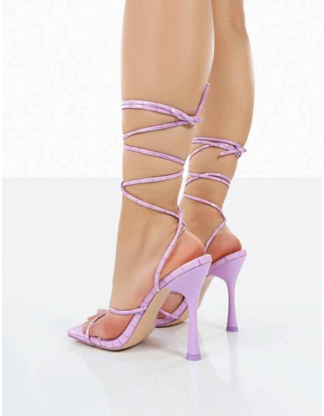 Imogen Lilac Croc Square Toe Strappy Lace Up Heels