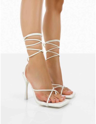 Imogen White Croc Square Toe Strappy Lace Up Heels