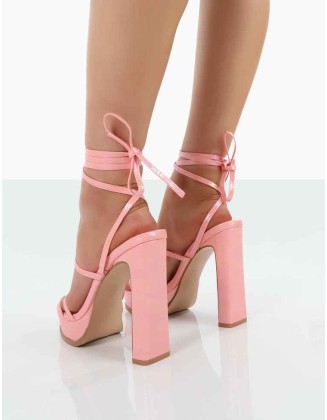Gimme Gimme Baby Pink Iridescent PU Strappy Lace Up Thin Block Heels