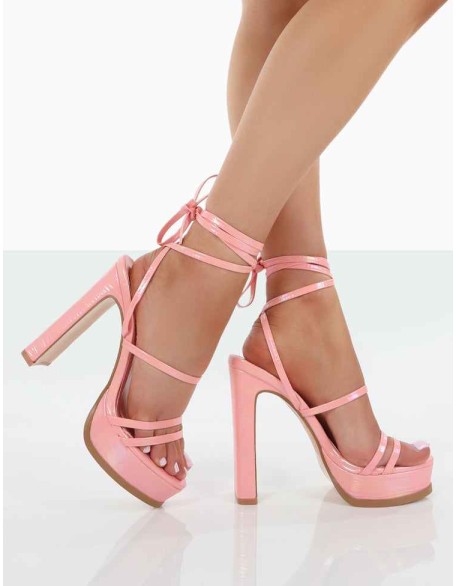 Gimme Gimme Baby Pink Iridescent PU Strappy Lace Up Thin Block Heels