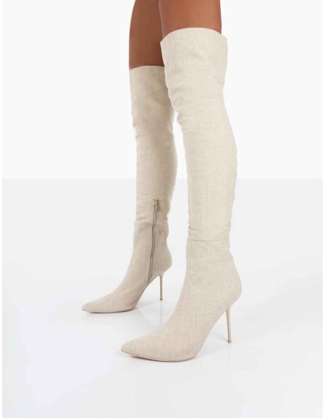 Tiana Natural Linen Pointed Toe Over The Knee Stiletto Boots