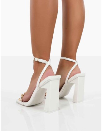 Rae Wide Fit White Patent Buckle Detail Block Heels