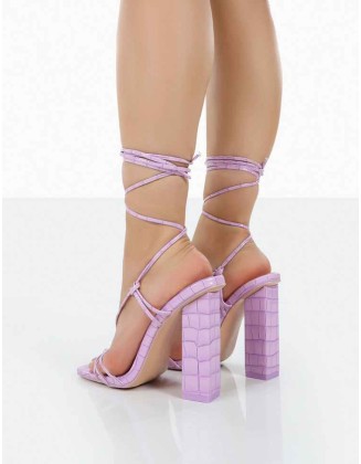Berry Lilac Croc Square Toe Strappy Lace Up Block Heels