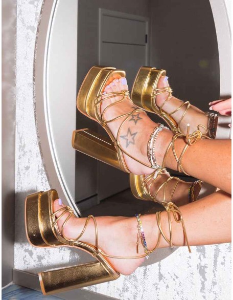 Glow Girl Gold PU Lace Up Platform High Heels