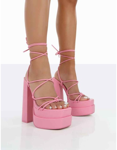 Glow Girl Baby Pink PU Lace Up Platform High Heels