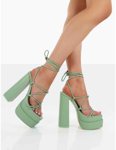Glow Girl Mint PU Lace Up Platform High Heels