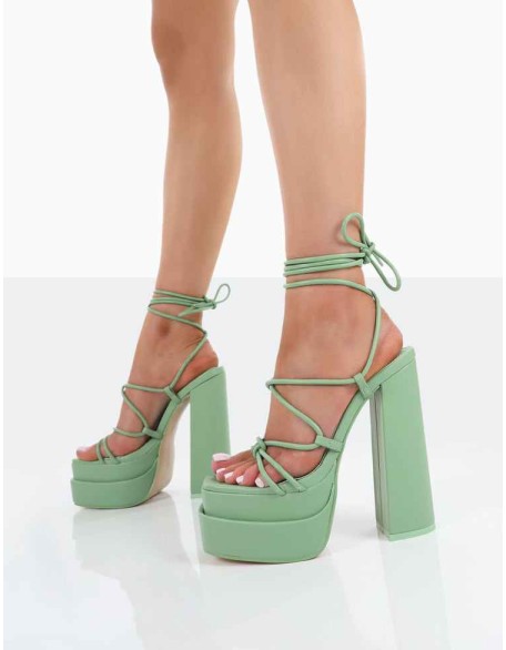 Glow Girl Mint PU Lace Up Platform High Heels