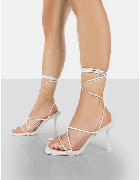 Euphoria White Croc Square Toe Lace Up Mid Heels