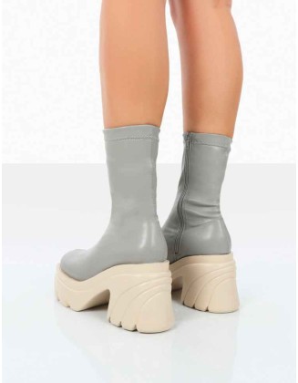 Jennie Grey Pu Chunky Sole Heeled Ankle Boots