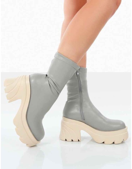 Jennie Grey Pu Chunky Sole Heeled Ankle Boots