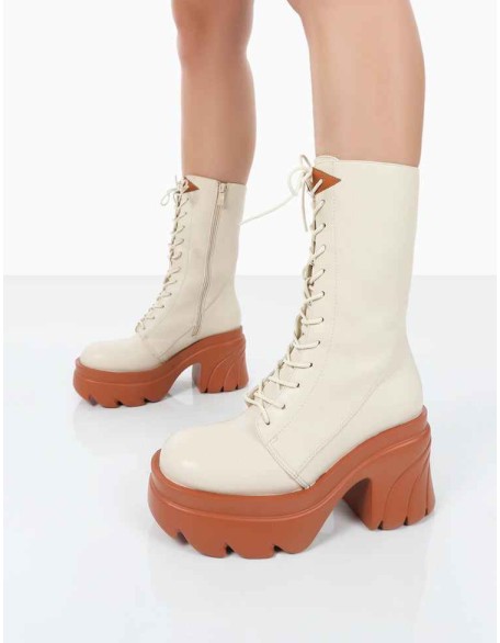 Ever Beige Laced Chunky Sole Ankle Boots