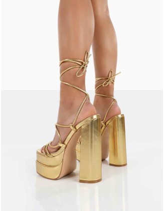 Glow Girl Wide Fit Gold PU Lace Up Platform High Heels