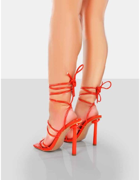 Make Way Orange Patent Strappy Lace Up Square Toe Stilettos