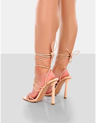 Make Way Nude Patent Strappy Lace Up Square Toe Stilettos