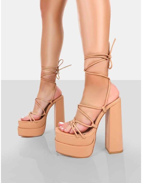 Glow Girl Nude PU  Lace Up Platform High Heels