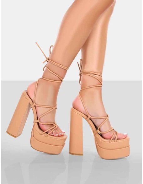 Glow Girl Nude PU  Lace Up Platform High Heels