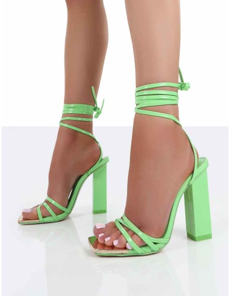 Amira Wide Fit Green Patent Lace Up Block Heels