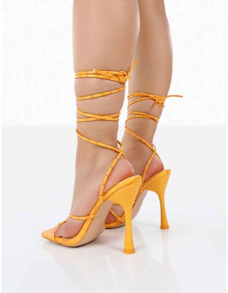 Imogen Orange Croc Square Toe Strappy Lace Up Heels