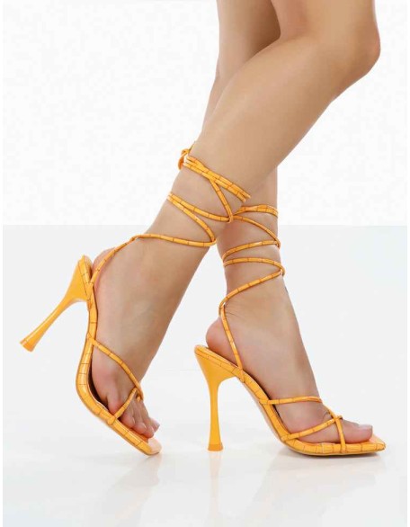 Imogen Orange Croc Square Toe Strappy Lace Up Heels