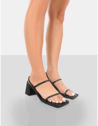Just Realise Wide Fit Black PU Strappy Square Toe Mid Block Heeled Sandals