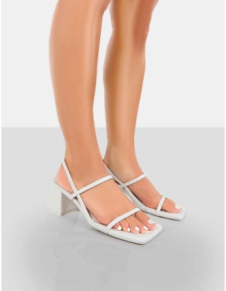 Just Realise Wide Fit White PU Strappy Square Toe Mid Block Heeled Sandals